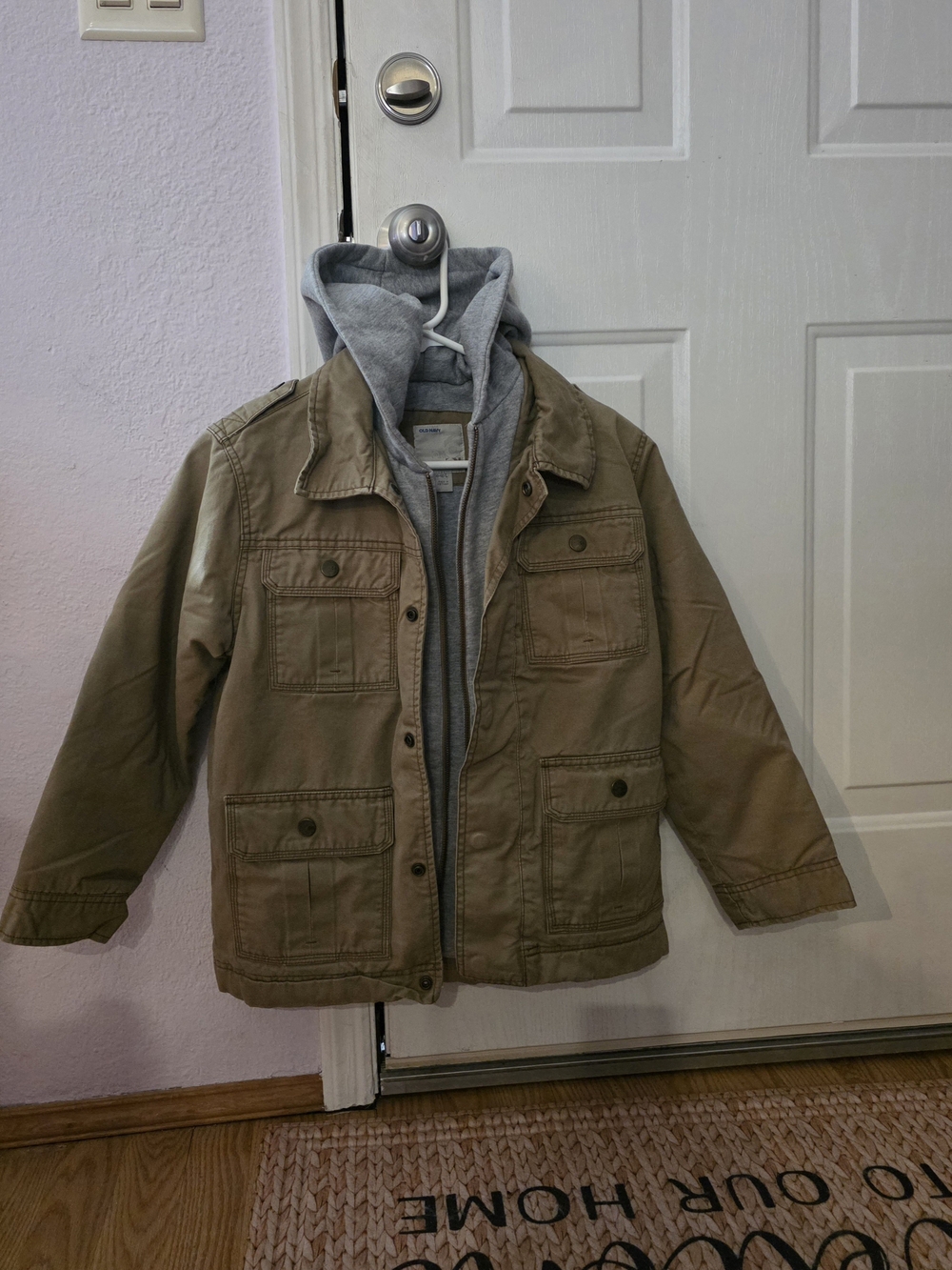 Old Navy Kids 10-12 Large Khaki Utility Jacket with Grey Hooded Liner